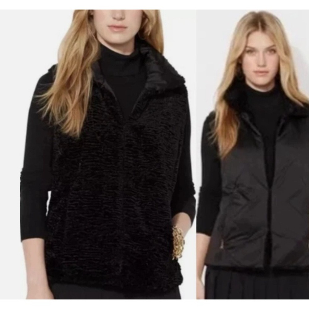 Lauren Ralph‎ Lauren Reversible Quilted Faux Fur Vest Black Women's Size S